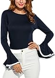 Womens Solid O-Neck Long Bell Sleeves Tunic Top Loose Casual Solid Plus Size Trumpet Blouse (L, Blue)