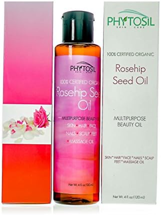 100% Organic Rosehip Seed Oil – Soft, Glowing Skin! Celebrity Favorite for Wrinkles, Stretch marks, Dry Skin, Hair, Nails, Scars Rich in Nutrients Omega 6, Vitamin C &amp; A- Phytosil - 4 OZ