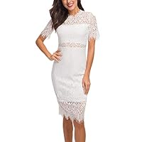 OLRAIN Women Elegant High Neck Knee Length Cocktail Party Lace Dress(White 6)