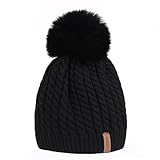 FURTALK Crochet Knit Fur Hat with Real Fox Fur Pom Pom Bobble Winter Beanie Hat
