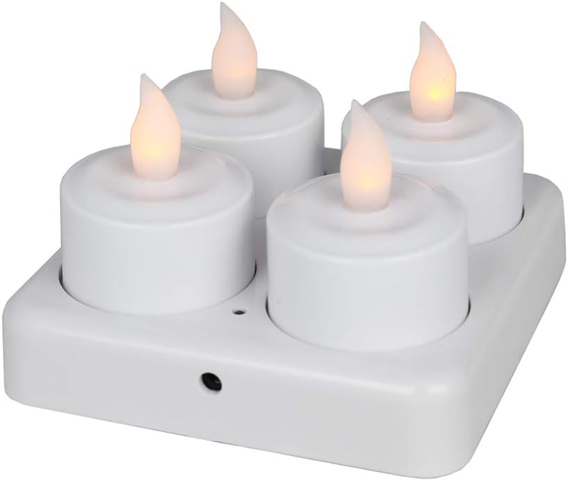 EuroFone LED Rechargeable Tealight Flameless Tea Lights Candles with Frosted Holder VotivesCharging Dock, for Decoration, Festivals, Weddings, Christmas, Set of 4 (Yellow with Remote)