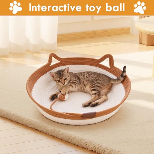 Zocipro Cotton Rope Cat Bed with Cushion, 46 x 46 x 16 cm, Large Round Washable Bed with Ball Toy in Cotton Rope