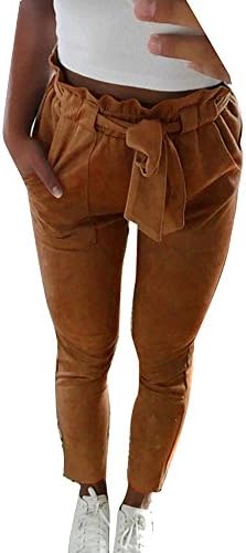 Cysincos Women's Self Belt Elastic Waist Striped Pants with Pockets