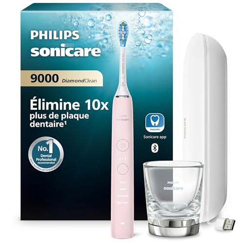 Philips Sonicare DiamondClean 9000, Brosse à dents électrique sonique avec application, capteur de pression, 4 modes de brossage, 3 niveaux d'intensité, verre de charge, coffret voyage USB, HX9911/29