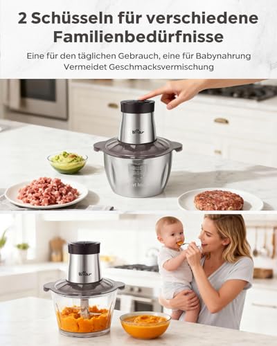 Bear 2 L + 1.8 L Electric Mini Chopper 600 W 2 Speed Levels Chopper with 4 Stainless Steel Blades and Meat Grinder, Glass Container Chopper for Meat, Baby Food, Fruit, Vegetables | Glass & 304 stainless steel bowls, 2 speeds, 4 steel blades, chopping meat, baby food, fruit, vegetables
