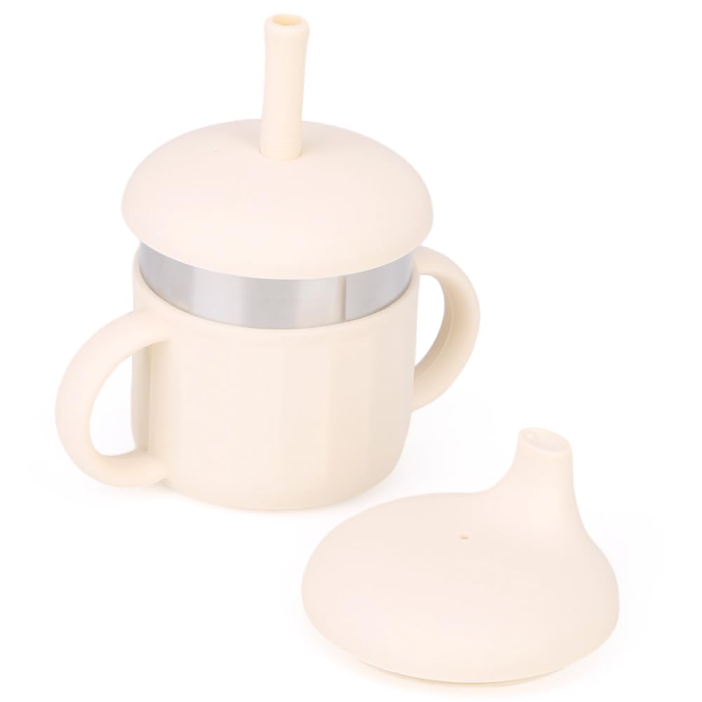 Photo 1 of MYCOKI SP Baby Sippy Cup, Silicone Training Stainless Steel Kid Cups, Break Resistant Straw Lid Cup for Infants 6-12 Month Toddlers and 1-3 Year Kids, 7.4 Oz Water Drinking Cup (Beige, 1pc)