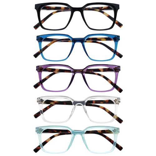OPULIZE KOI Reading Glasses 5 Pack - Large Rectangular Frame - Black-Blue-Purple-Clear-Aqua - Mens Womens - Spring Hinges - RRRRR50-135CQ - +1.00