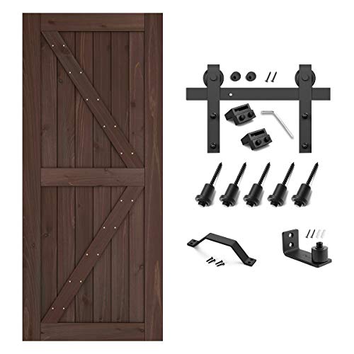 Genius Iron Dark Walnut 36inx84in Barn Door with 6.6FT Sliding Door Hardware Kit & Flush and Pull Set & Floor Guide, Pre-Drilled Ready to Assemble Environmental Solid Fir Wood Door Panel, K-Frame - Thumbnail 2