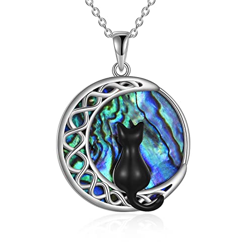YFN Cat Necklace for Girls Sterling Silver Cat on the Moon Abalone Shell Celtic Moon Pendant Irish Jewellery Gifts for Women