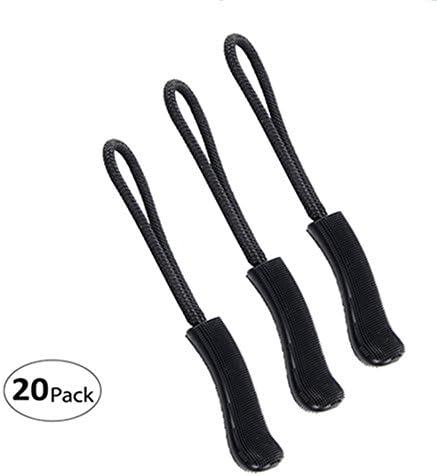 Kassagdin 20 Pack Zipper Pulls for Backpacks, Tents, Trolley cases, Traveling cases, and Jackets Strong Nylon Cord with Ergonomically Designed Rubber Fit Any Zipper Black