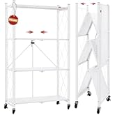 DEANIC 4 Tier Foldable Storage Shelves with Wheels, Large Capacity Shelving Unit, Freestanding Metal Wire Shelf Rack, No Assembly Organizer Rack for Garage Kitchen, Basement, Pantry(White)