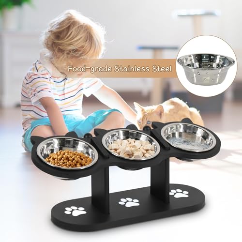 Elevated Cat Food Bowls for Indoor Cats with Adjustable Height Stand and Black Shelf, 3 Stainless Steel Bowls Tilted at 15° for Better Eating Posture, Ideal for Cats and Small Pets (Black)