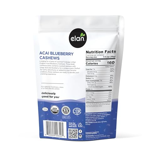 ELAN ORGANIC ACAI BLUEBERRY CASHEWS, 5.3 OZ, NON-GMO, VEGAN, GLUTEN-FREE, KOSHER, GLAZED NUTS (ROASTED CASHEWS, ACAI BERRY POWDER, BLUEBERRY JUICE POWDER), SUPERFOOD INFUSED NUTS