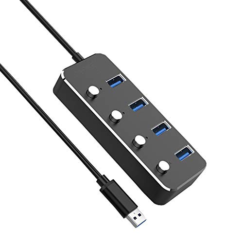LITTONE® USB Hub 3.0 Aluminum Powered 4 Port USB Splitter Portable Data Hub Individual On/Off Switch Included 5V/2A AC DC Power Adapter(4-Ports) (Black)