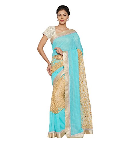 Viva N Diva Sky Blue And Beige Chiffon And Net Saree With Unstitched Blouse Piece