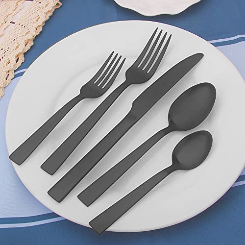Matte Black Silverware Set,20 Piece Stainless Steel Square Flatware Set for 4,Satin Finish Grey