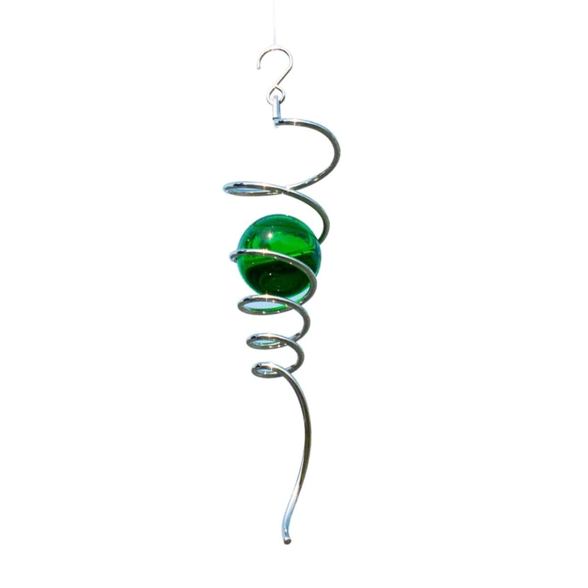 CIM Stainless steel wind spinner - SPIRAL TAIL GREEN - 7 x 28 cm - coloured glass ball Ø 50mm - incl. nylon cord, hook and ball bearing swivel