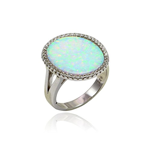 Oval Halo Cocktail Ring Fashion Bezel Oval Lab Created White Opal Round Cubic Zirconia Split Open Shank 925 Sterling Silver