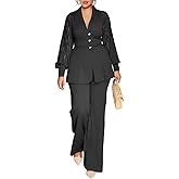 HWP Pants Suits for Women Dressy 2 Piece Business Casual Outfits Solid Long Sleeve Blazer and Pencil Pant Sets