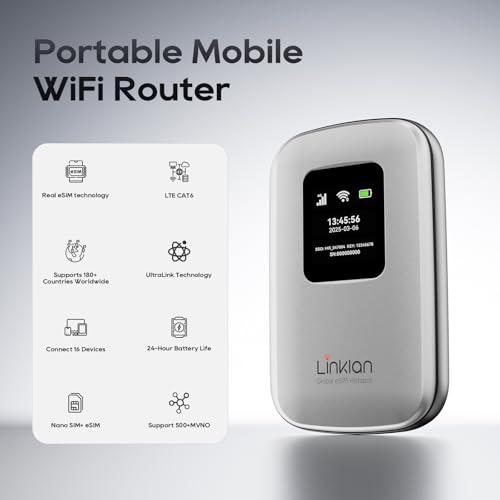 Tragbarer mobiler Hotspot - eSIM Global WiFi Hotspot, keine SIM-Karte/Vertrag erforderlich, 16 Geräte, über 180 Länder, kompakter WLAN【15 Tage kostenloses 5G-Datenvolumen in Europa】