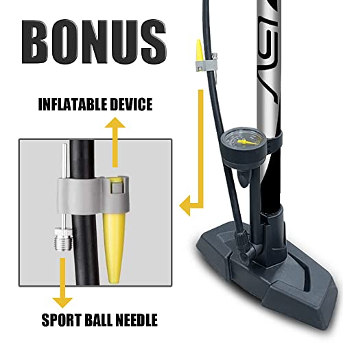 BV Bicycle Ergonomic Floor Pump with Gauge & Clever Air Valve, 160 psi