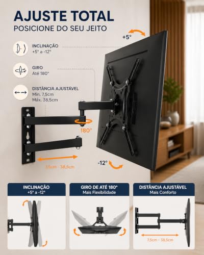 Suporte Articulado para TV 32 a 55 Pol Universal Ajustável até 30kg | Ajuste livre, Metálico, Padrão Vesa, Suporte articulado, Parede TV, 32 a 55 polegadas, Até 30kg