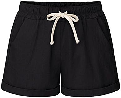 LADIZIO Women's Drawstring Elastic Waist Casual Comfy Cotton Linen Beach Shorts Black-5XL