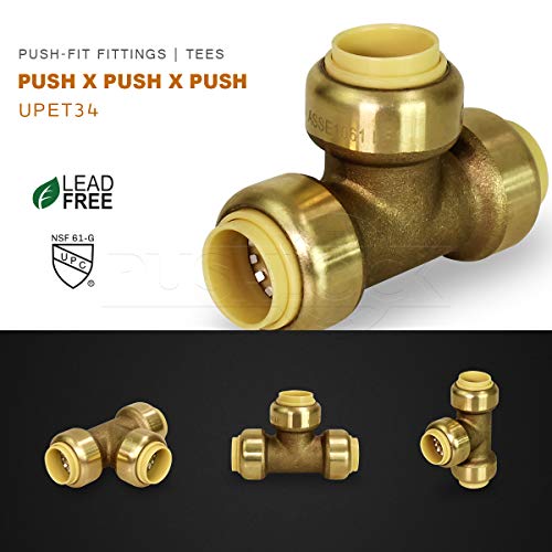 Pushlock UPET34-5 Tee Pipe Fittings Push to Connect Pex Copper, CPVC, 3/4 Inch, Brass Pack of 5