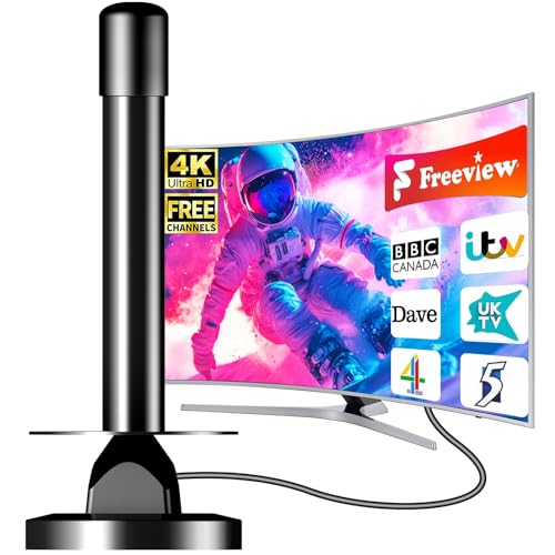 Antenne TV Intérieure TNT HD Amplificateur Signal Gain Élevé VHF/UHF Base Magnétique Réception 360° Compatible DVB-T2 Smart TV 4K Full HD 1080P Câble Coaxial 5m Anti-Interférences 4G/5G