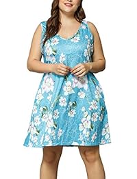 dama Más el Tamaño de Cuello en V sin Mangas de Impresión Floral Bolsillo de la Camiseta de Vestidos Casual Midi Vestido de Tanque de Playa de la Cubierta hasta el Domingo (XL-5X)