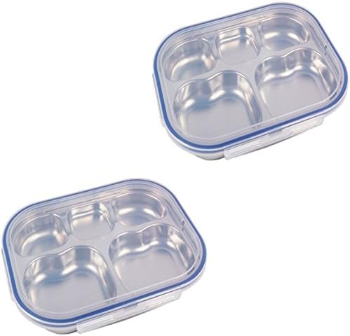 Stainless Steel Tray Storage Containers Kids Lunch Box Diet Plate Diet Food Control Tray 5section Heart style 2pack (Blue)