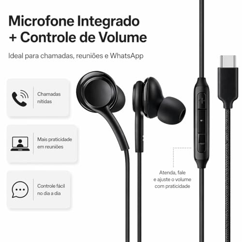 Fones De Ouvido Com Fio Tipo C Intra Auricular Microfone Integrado Compativel iPhone 15 15 Pro 15 Pro Max 16 16 Pro Max Com Fio Fones Estéreo Compatíveis ANDROID LG Qualidade Premium