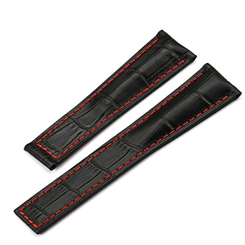 iStrap Watch Band 22/18mm Cowhide Leather Strap Original Style Deployment Watch Band Fit TAG HEUER Carrera Monaco (Black red Without Buckle)