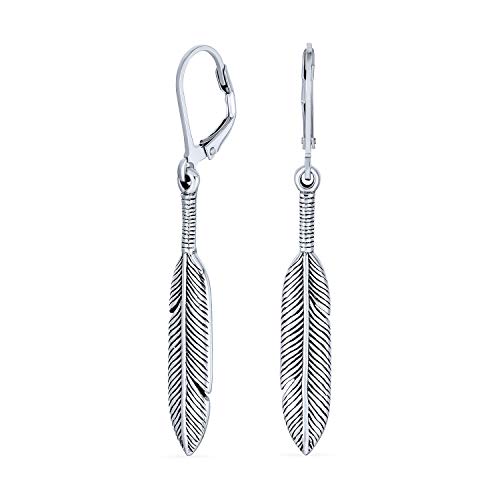 Native American Style Leaf Feather Oxidized Two Tone Leverback Dangle Earrings For Women 925 Sterling Silver
