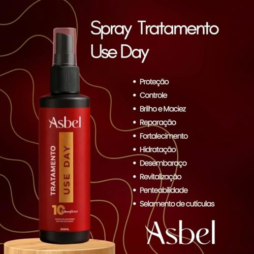 Spray Tratamento Capilar Asbel Uso Day 10 Benefícios 200ml – Protetor Térmico, Brilho e Selamento de Cutículas – Com Óleo de Coco e Vinagre de Maçã