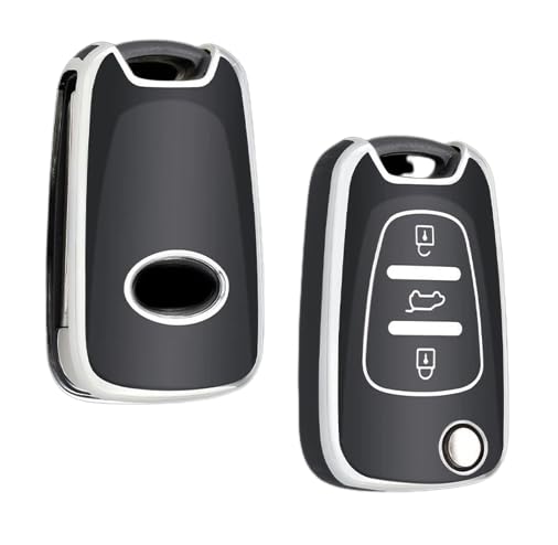 StyleC key cover compatible with HYUNDAI I10 I20 I30 IX30 IX35 3 Button TPU case flip remote (Black Silver Design)