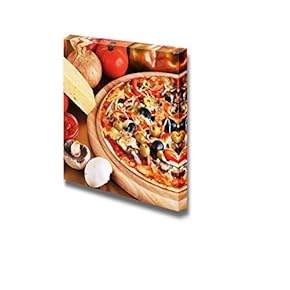 Canvas Prints Wall Art - Fresh Baked Pizza with Pepperoni Olives and Peppers | Modern Wall Decor/Home Art Stretched Gallery Canvas Wraps Giclee Print & Ready to Hang - 12" x 12"