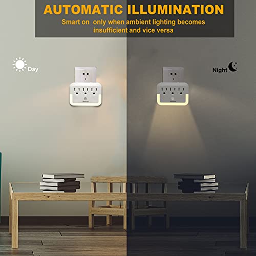 Night Light Plug in, Outlet Extender with Night Light , ZHOORQI Multi-Plug Outlet with Automatic Sensor Light Warm White LED Nightlight Plug Adapter for Home, Kids Room, Corridor,Bedroom (1Pcs)