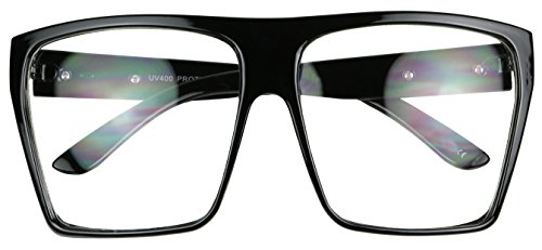 Basik Eyewear - Big XL Large Square Trapezoid Shape Oversized Fashion Sunglasses (Black, Clear Lens)