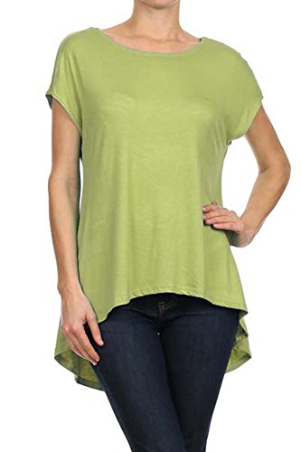 Women's Solid Short Sleeves Hi-Low Hem Tunic Top. MADE IN USA (Small, Lime)
