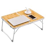 RAINBEAN Foldable Laptop Table Lapdesk, Breakfast Bed, Portable Mini Picnic Desk,Notebook Stand Read Holder for Couch Floor,Folding in Half w' Inner Storage Space, Aluminum Alloy Leg-Bamboo Wood Grain