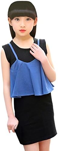 Girl's Flounce Slip Swing Crop Top &amp; Black Cotton Under Dress Outfit Denim Blue 12-13 Years