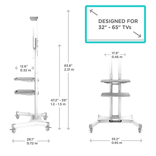 ONKRON Mobile TV Stand TV Cart with Wheels & 2 AV Shelves for 32" - 65 inch LCD LED OLED Flat Panel Plasma Screens up to 100 lbs White TS1552