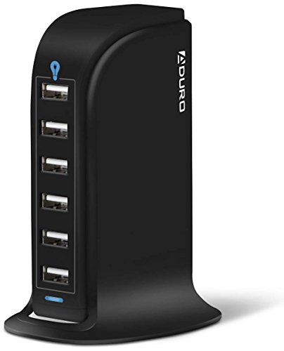 Aduro 40W 8A 6-Port USB Desktop Charging Station Hub Wall Charger for Tablets and Smartphones with Smart Flow Technology (Solid Black)
