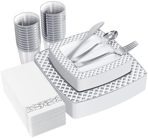 175 Piece Silver Dinnerware Set 25 Guest-50 Diamond Square Plastic