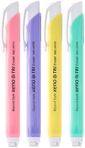 Xeno Tri-II Retractable Click Eraser, Assorted Colors (4-Pack) by Xeno