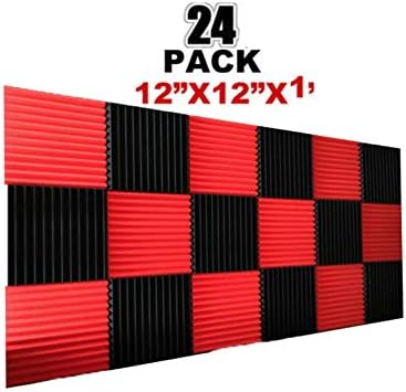24 Pack Black Acoustic Panels Studio Foam Wedges 1" X 12" X 12" Sound-proofing,Sound Absorption (24pcs, Black&Red)