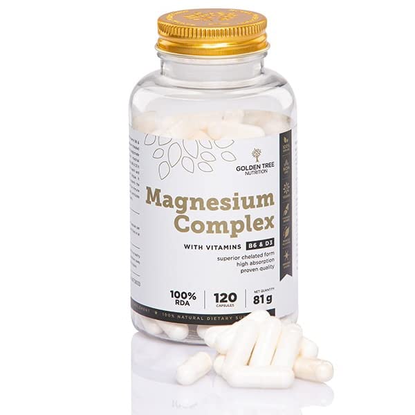Golden Tree Magnesium Complex – Triple Complex with Magnesium Citrate, Bisglycinate & Malate – High Strength 400 mg with Vitamin D3 & B6 – 120 Capsules