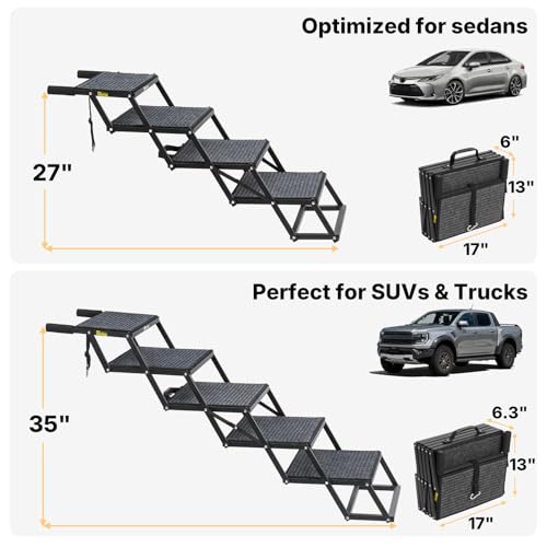 Veehoo 17" Wide Dog Stairs for Large Dogs, 4 Steps Foldable Dog Steps for Car SUV Truck, Heavy Duty Outdoor Pet Ramp Ladder with Detachable Non Slip Surface, Support Up to 200lbs