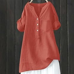 Womens Linen Tops,Button Up Short Sleeve Shirts for